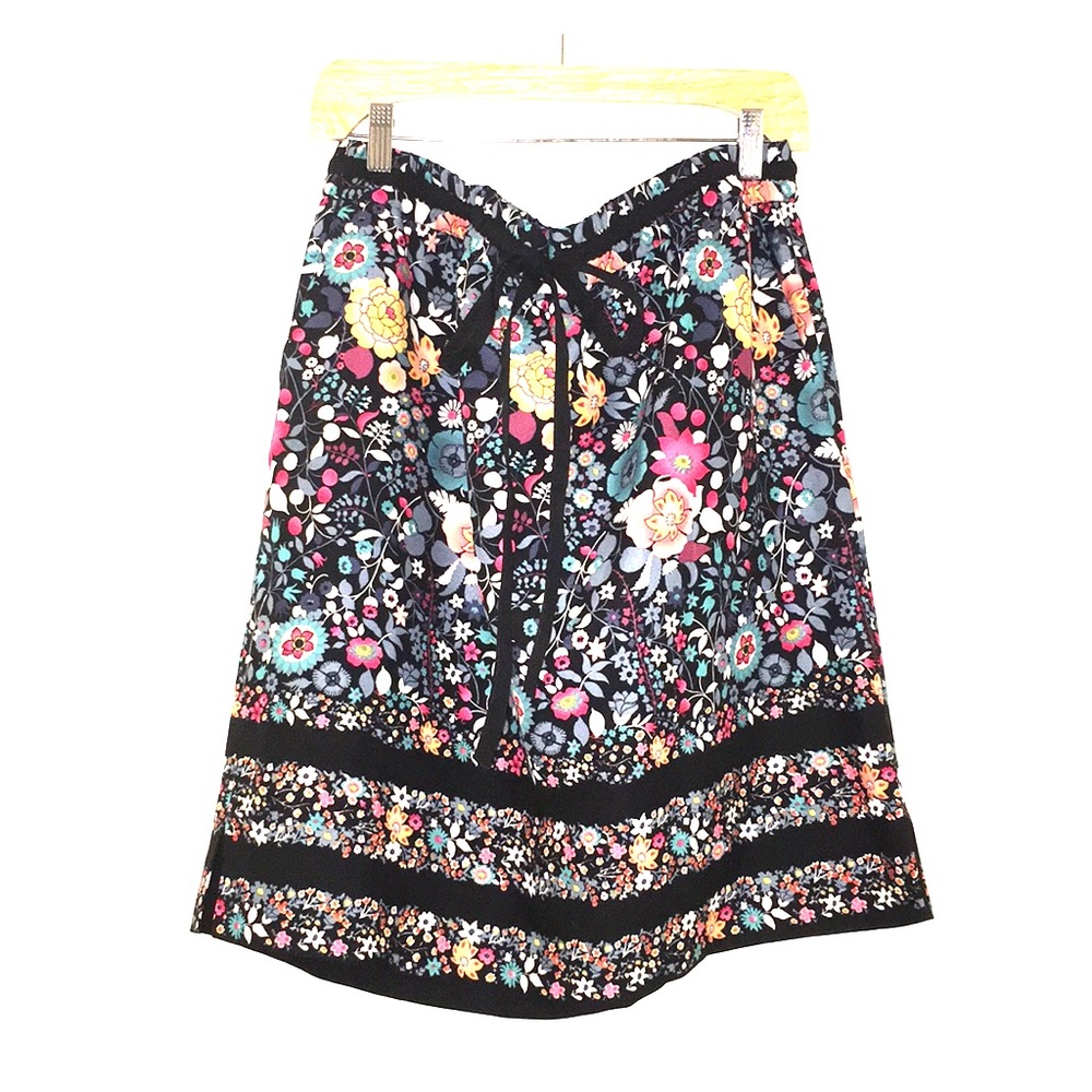 LOFT Black Floral A-Line Skirt with Pink, Yellow & Teal Flowers